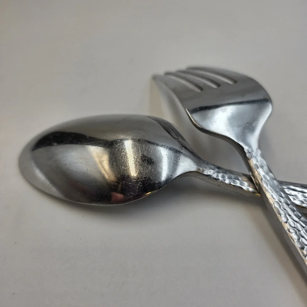 VTG ONEIDA Hammered‎ Stainless Serving Spoon & Fork Set Mid Century Modern